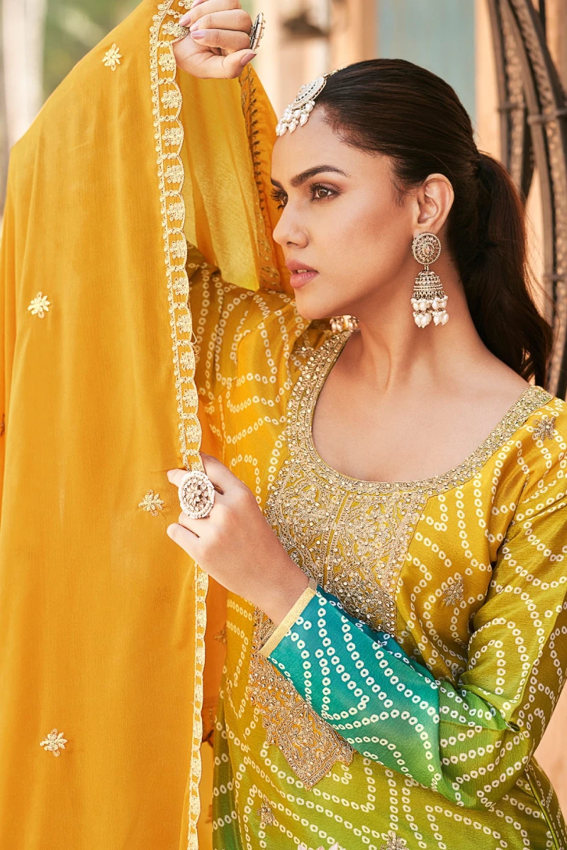 Multicolor Bandhej Print Chinon Embroidered Suit with Yellow Dupatta