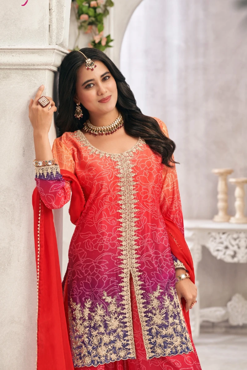 Multicolor Bandhej Chinon Embroidered Palazzo Suit with Fancy Dupatta