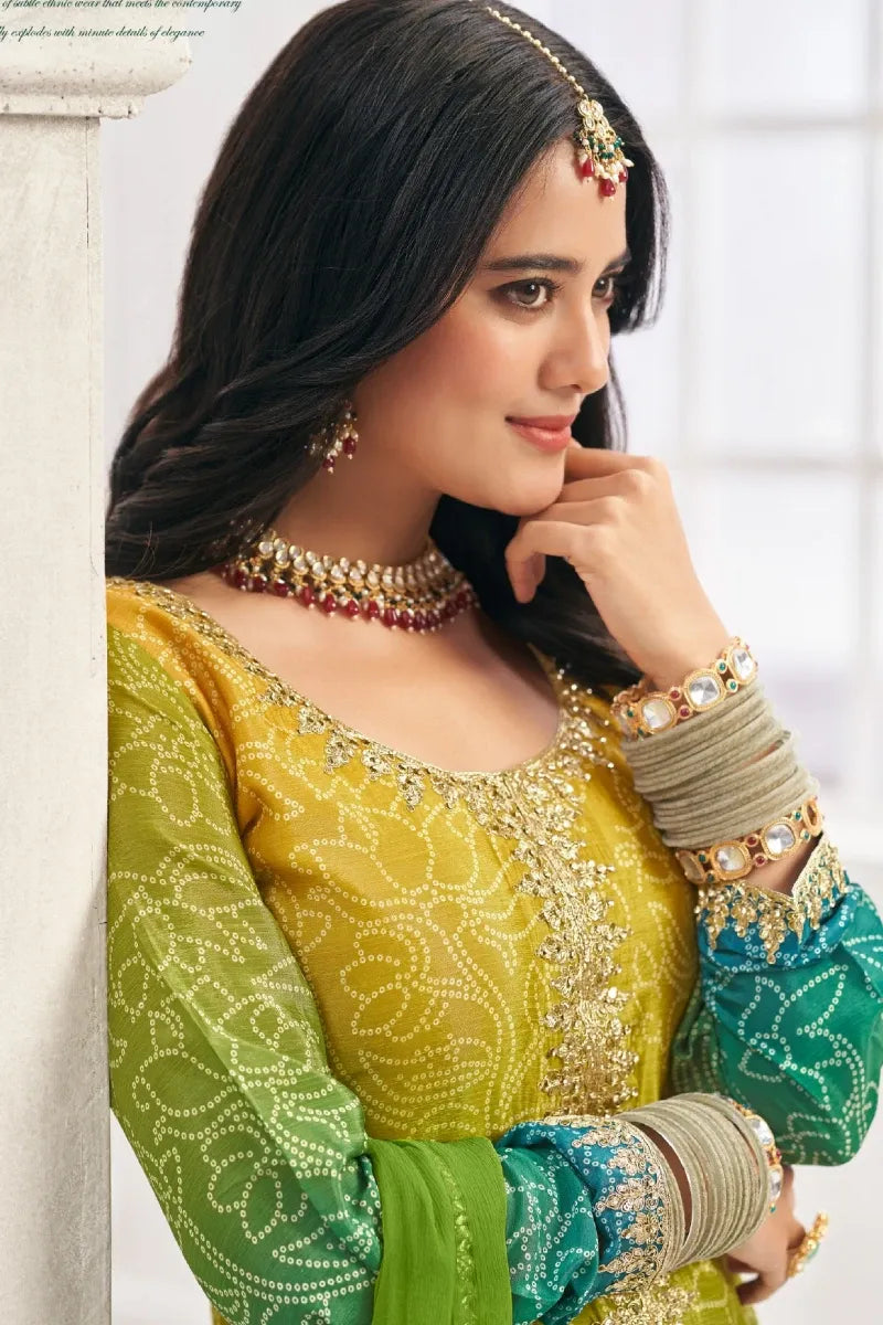 Green Bandhej Chinon Embroidered Palazzo Suit with Fancy Dupatta