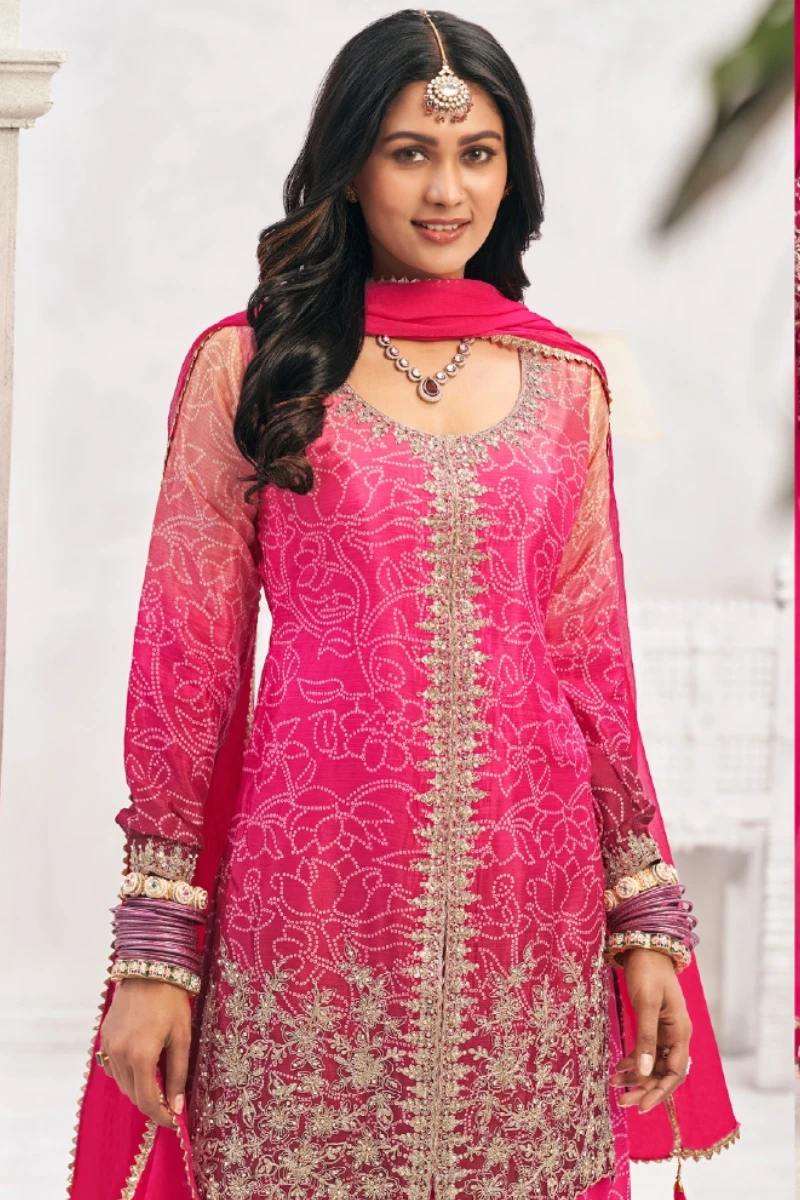 Pink Bandhej Chinon Embroidered Palazzo Suit with Fancy Dupatta