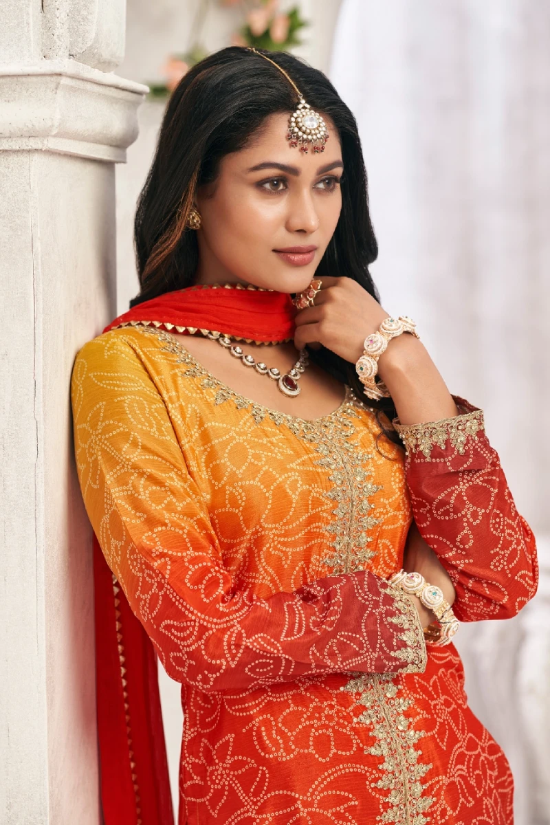 Orange Bandhej Chinon Embroidered Palazzo Suit with Fancy Dupatta