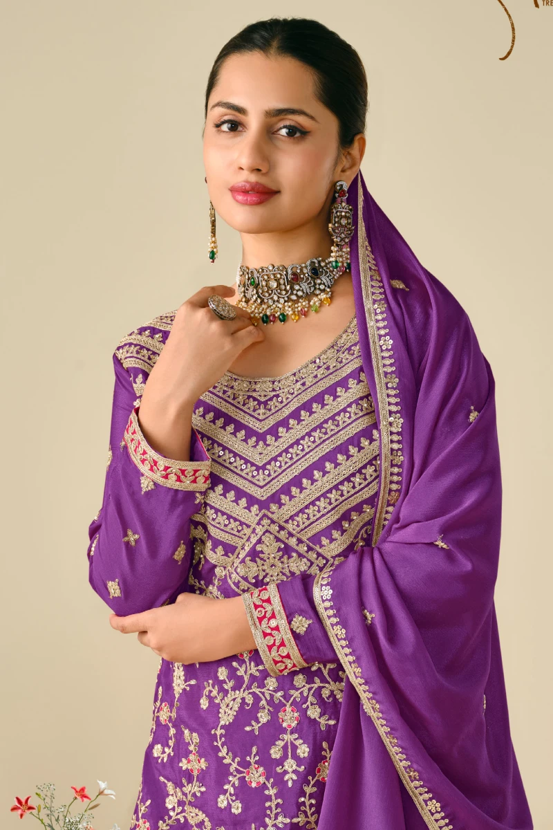 Purple Chinon Embroidered Kali Palazzo Suit with Heavy Dupatta