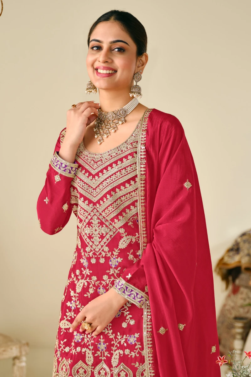 Red Chinon Embroidered Kali Palazzo Suit with Heavy Dupatta