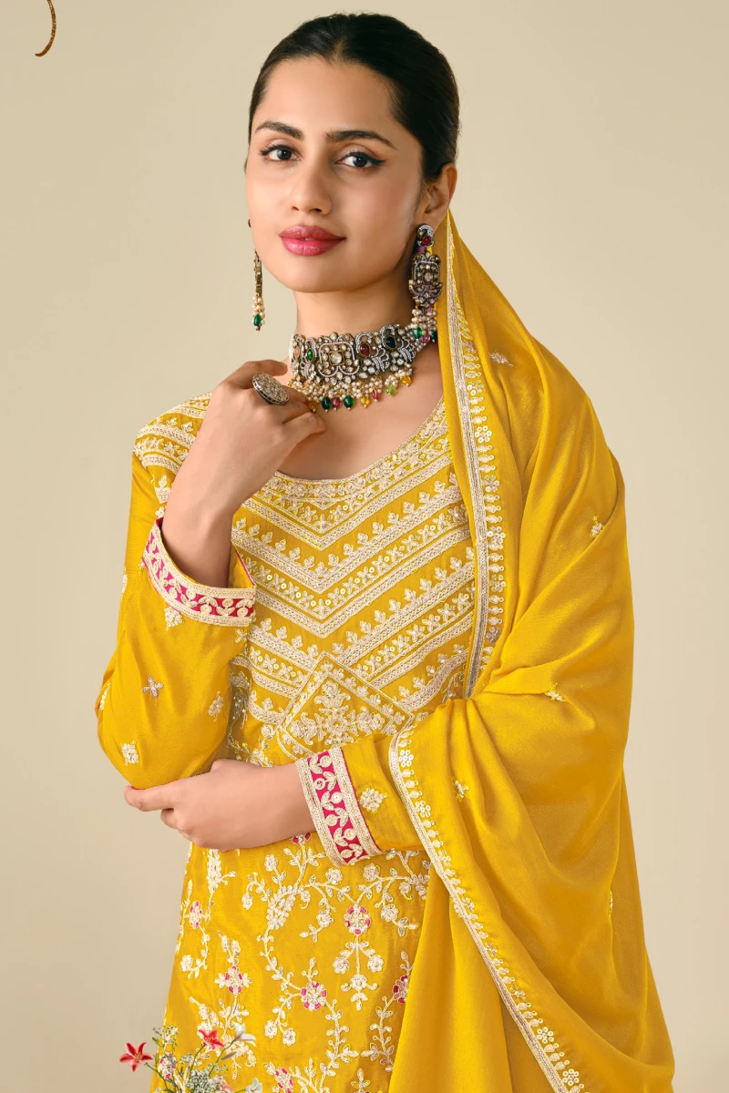 Yellow Chinon Embroidered Kali Palazzo Suit with Heavy Dupatta