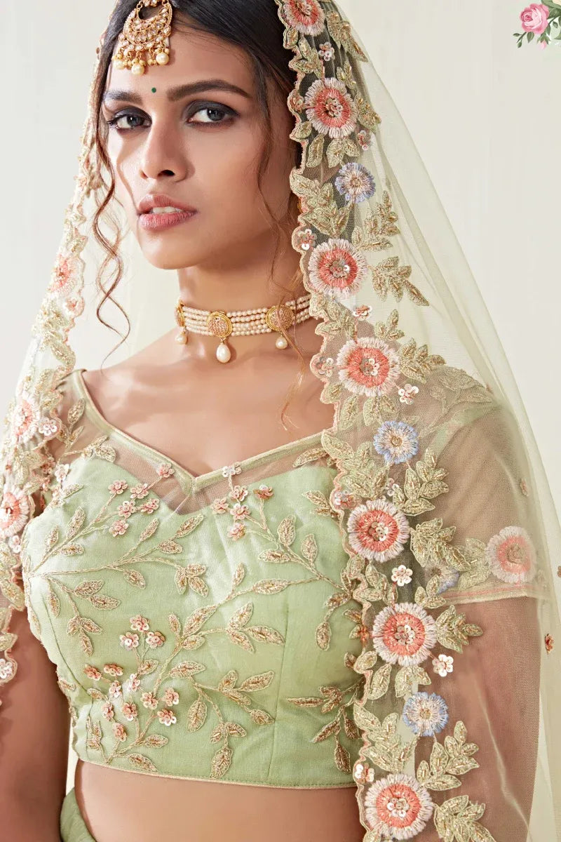 Green Net Embroidered & Stone Lehenga with Blouse