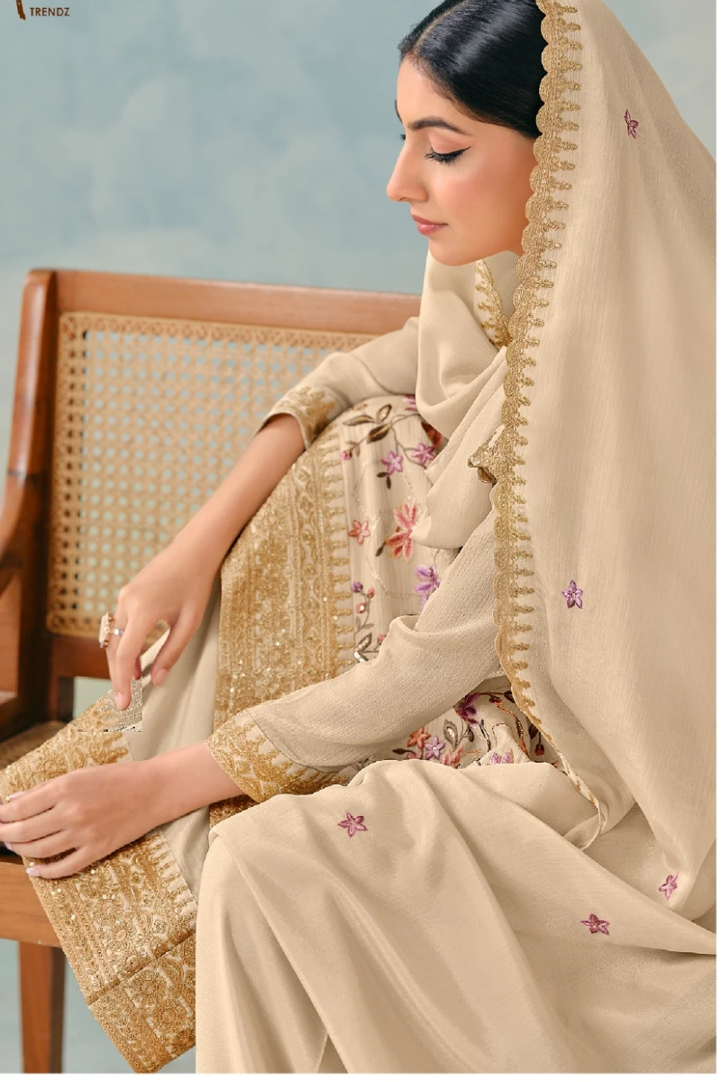 Beige Chinnon Embroidered Palazzo Suit