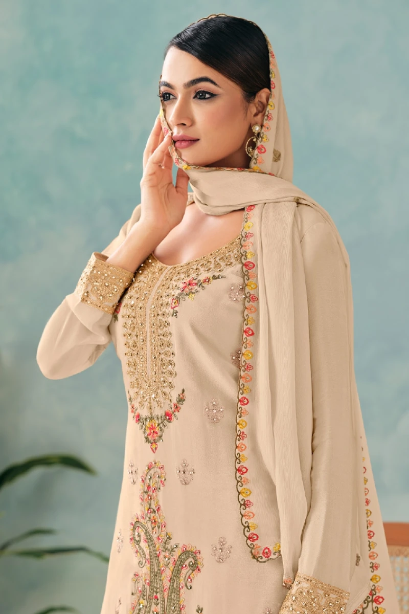 Beige Chinnon Embroidered Palazzo Suit