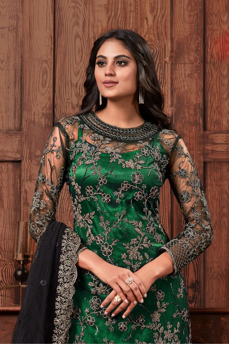 Green Net Straight Pant Suit