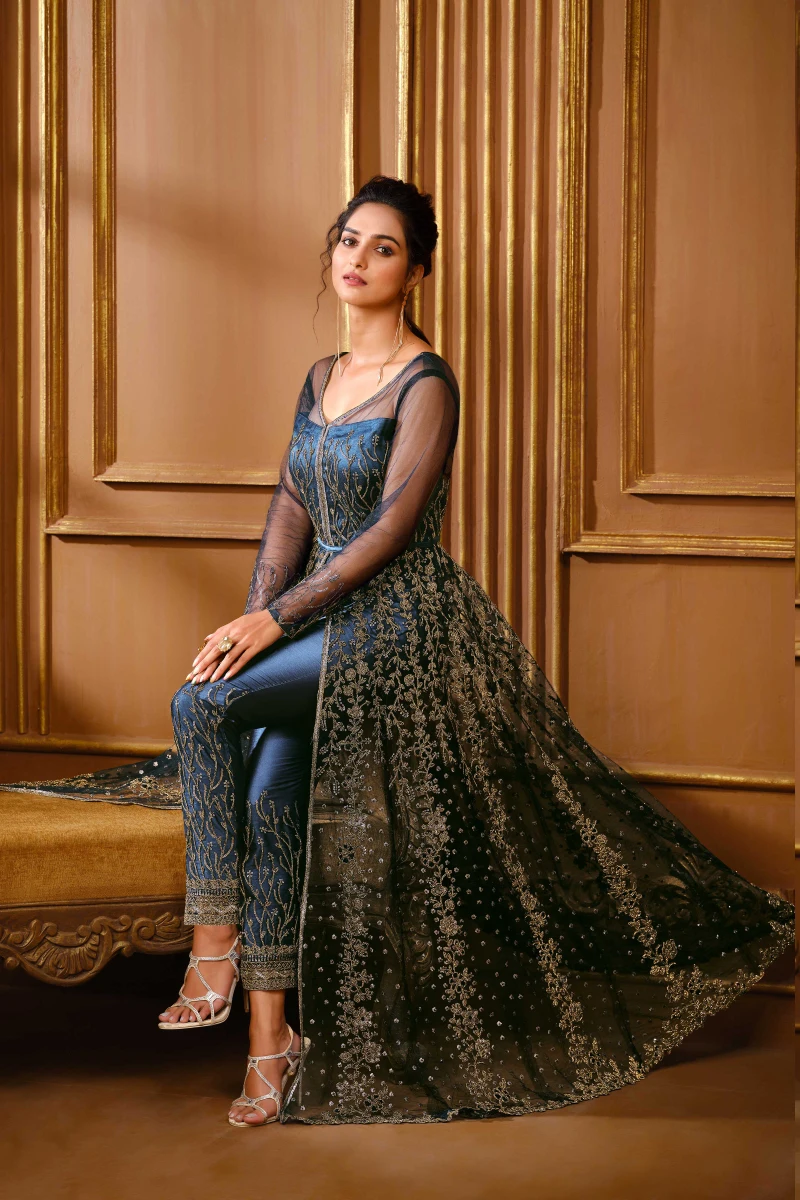 Blue Net Anarkali Suit with Pant