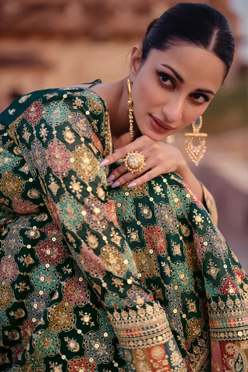 Green Georgette Embroidered Gown