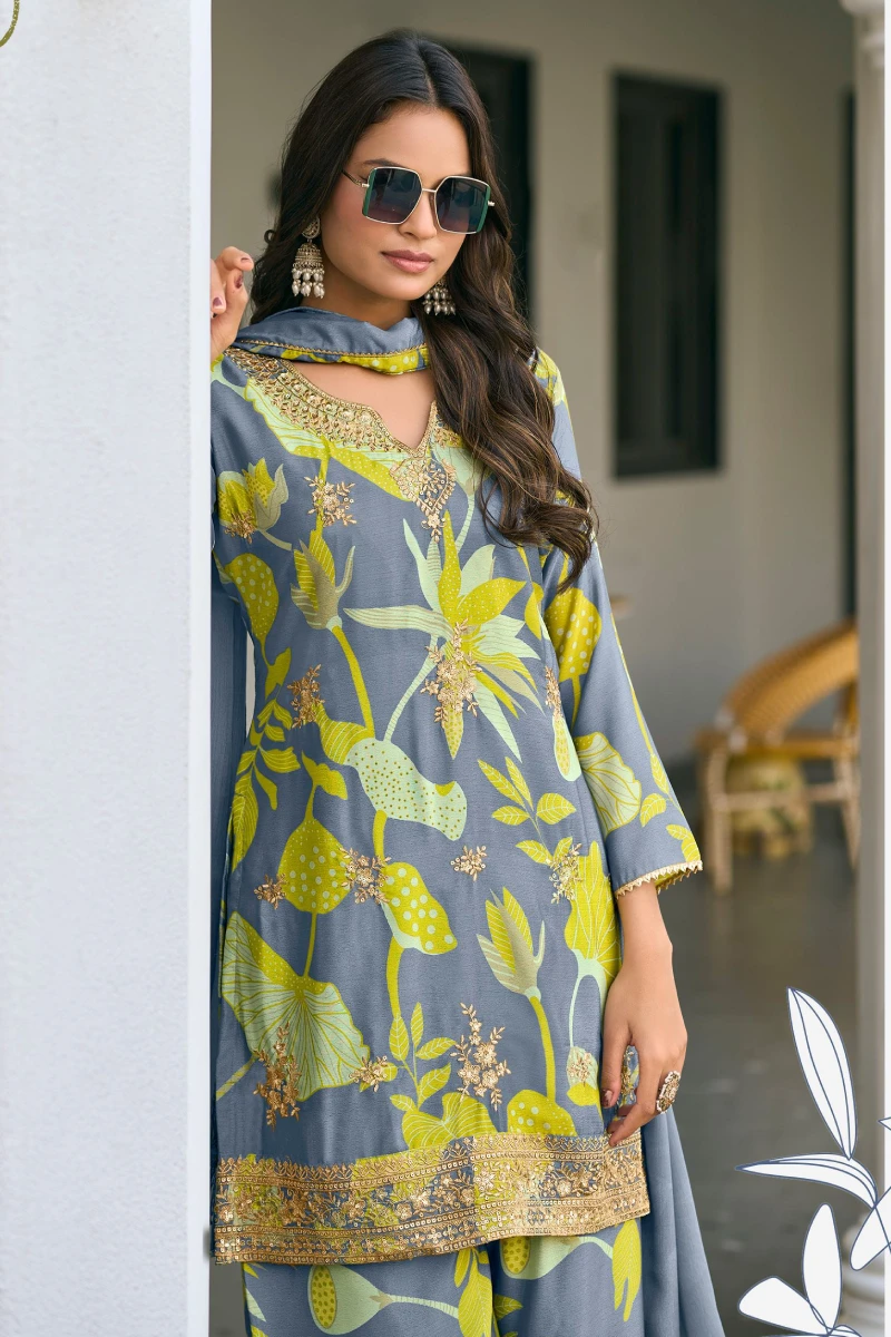 Ash Grey Chinon Palazzo Suit with Heavy Embroidery