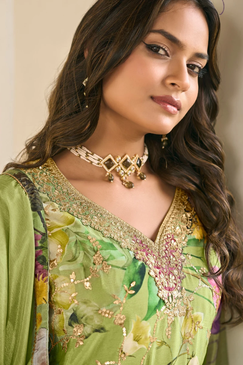 Green Chinon Palazzo Suit with Elegant Detailing