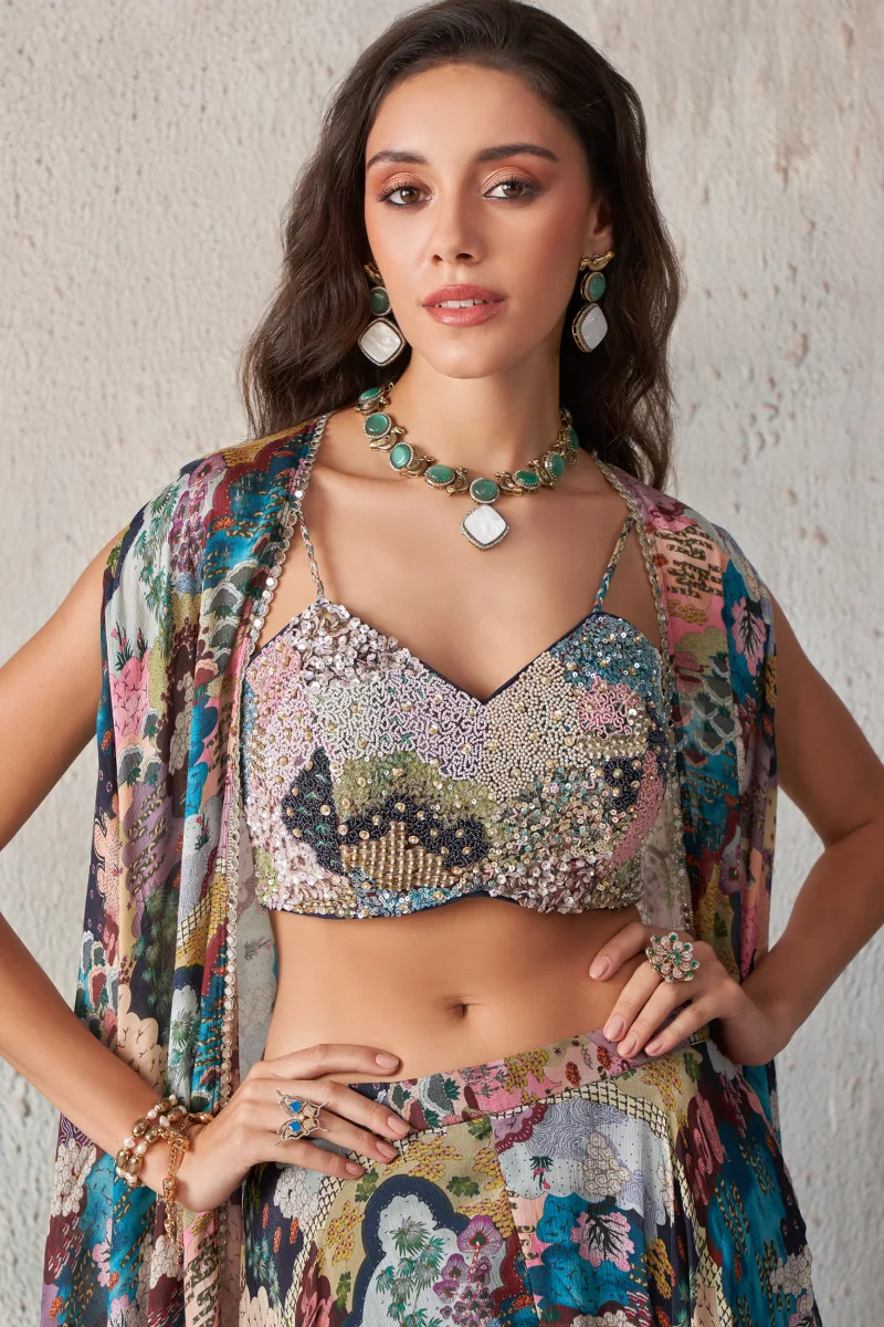 Blue Chinon Embroidered & Embellished Palazzo Suit