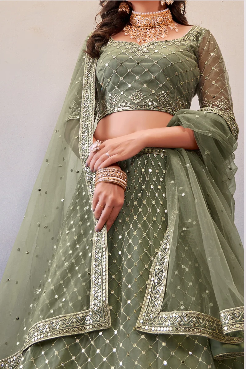 Olive Green Net Lehenga Set with Embroidery & Sequins Work