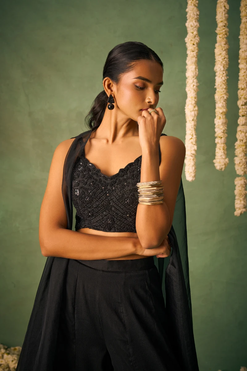 Black Chinnon Palazzo Suit with Embroidered Organza Jacket