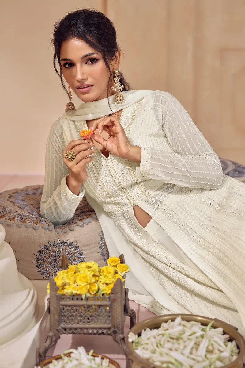 White Georgette Anarkali with Palazzo