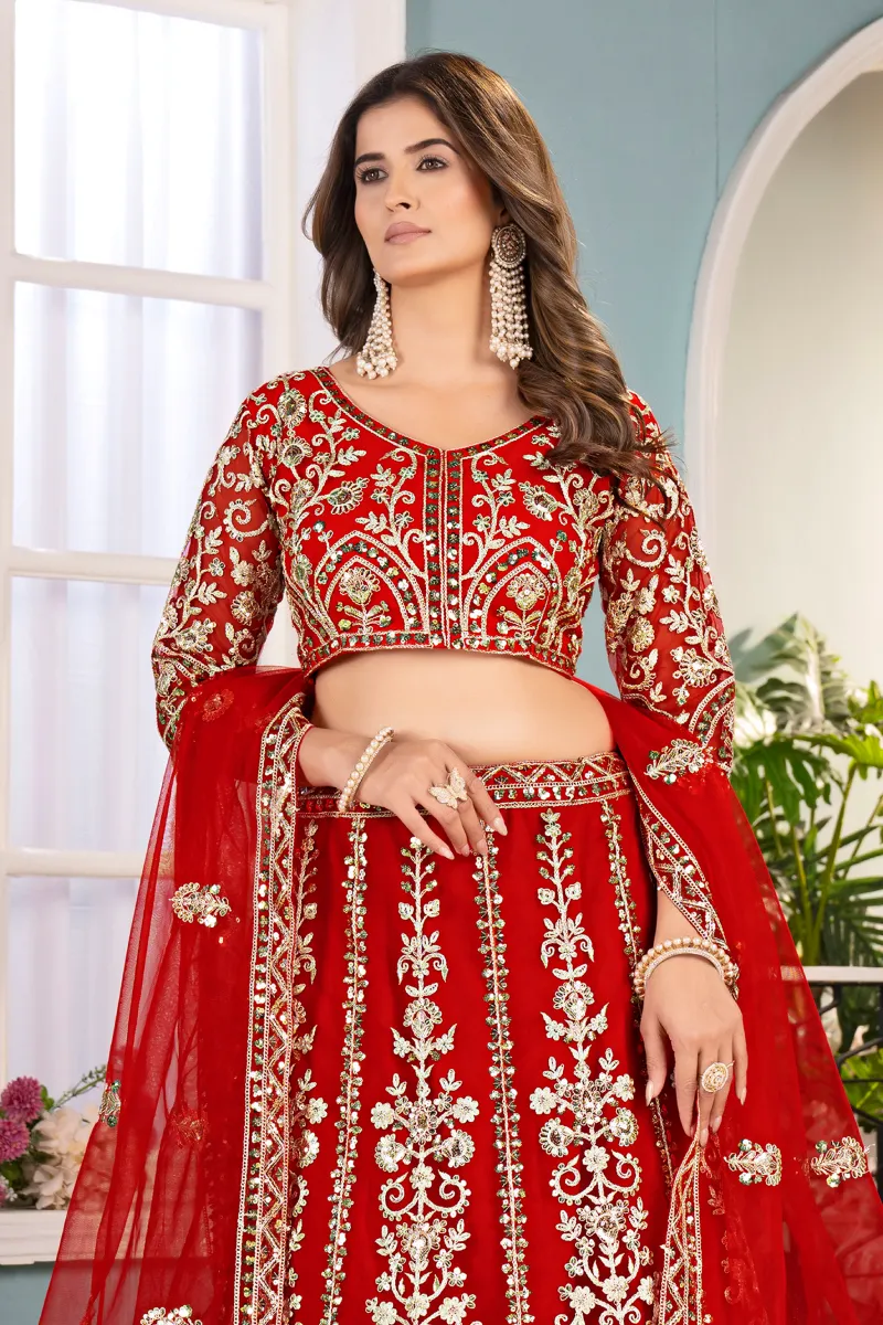Red Net Embroidered Sequins Lehenga Choli with Dupatta