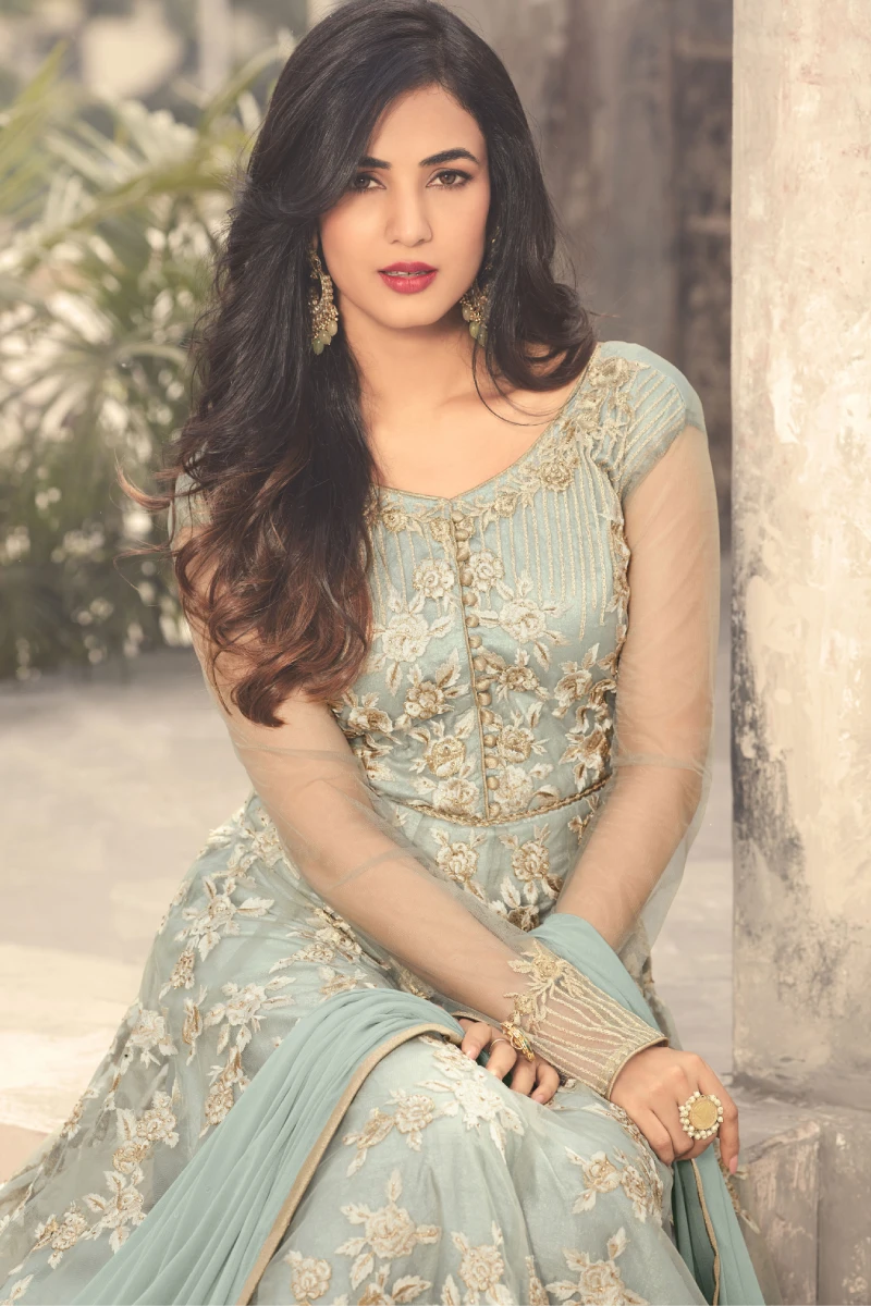 Grey Net Anarkali Suit with Zari & Diamond Work