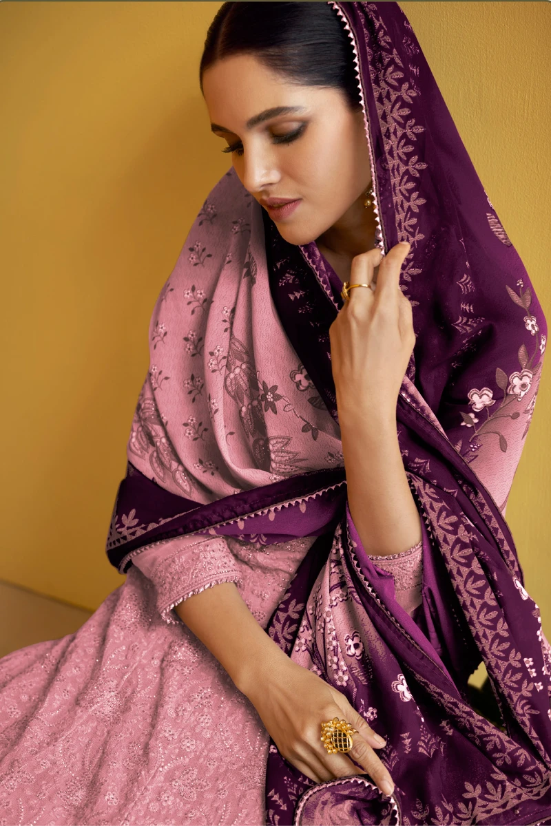 Pink Georgette Anarkali with Lehenga & Purple Dupatta