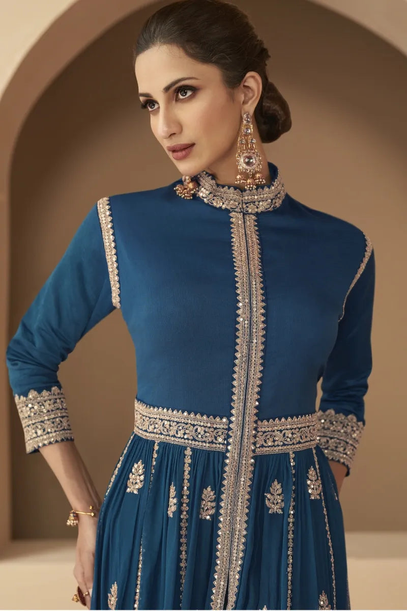 Blue Georgette and Chinon Salwar Suit with Premium Silk Bottom
