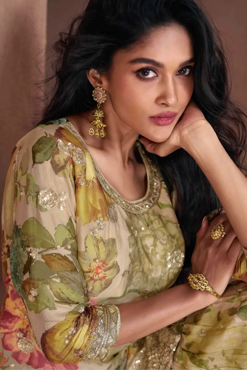 Beige Chinnon Silk Embroidered Palazzo Suit