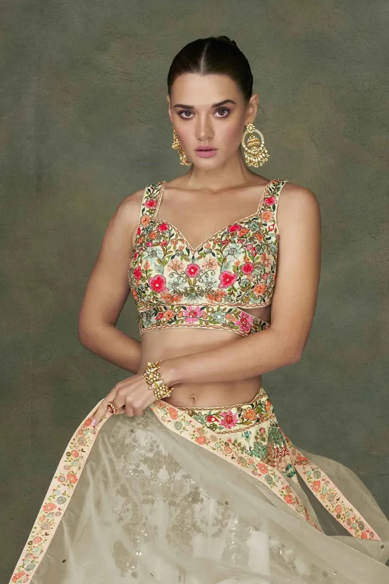 Cream Art Silk Lehenga Set with Embroidery & Print Work