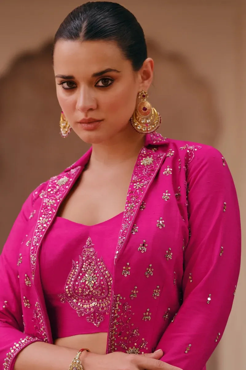 Pink Chinnon Silk Lehenga Set with Embroidered Work