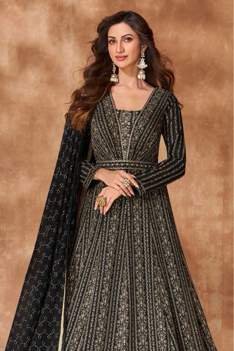 Black Georgette Gown with Embroidery & Sequins