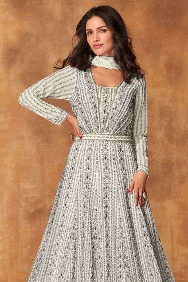 White Georgette Gown with Embroidery & Sequins