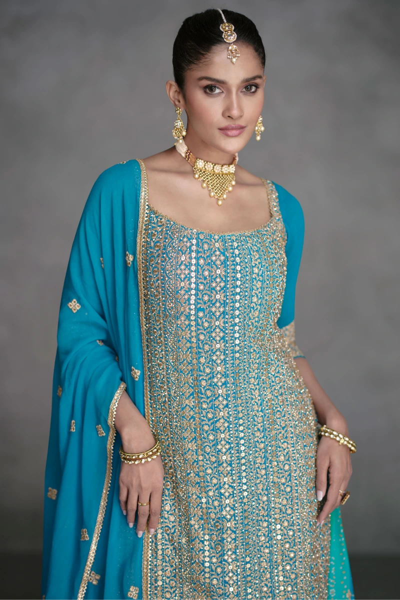 Blue & Green Embroidered & Sequins Georgette Palazzo Suit