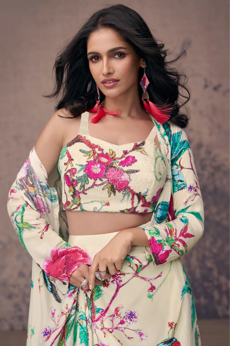 White Embroidered & Printed Crepe Silk Palazzo Set