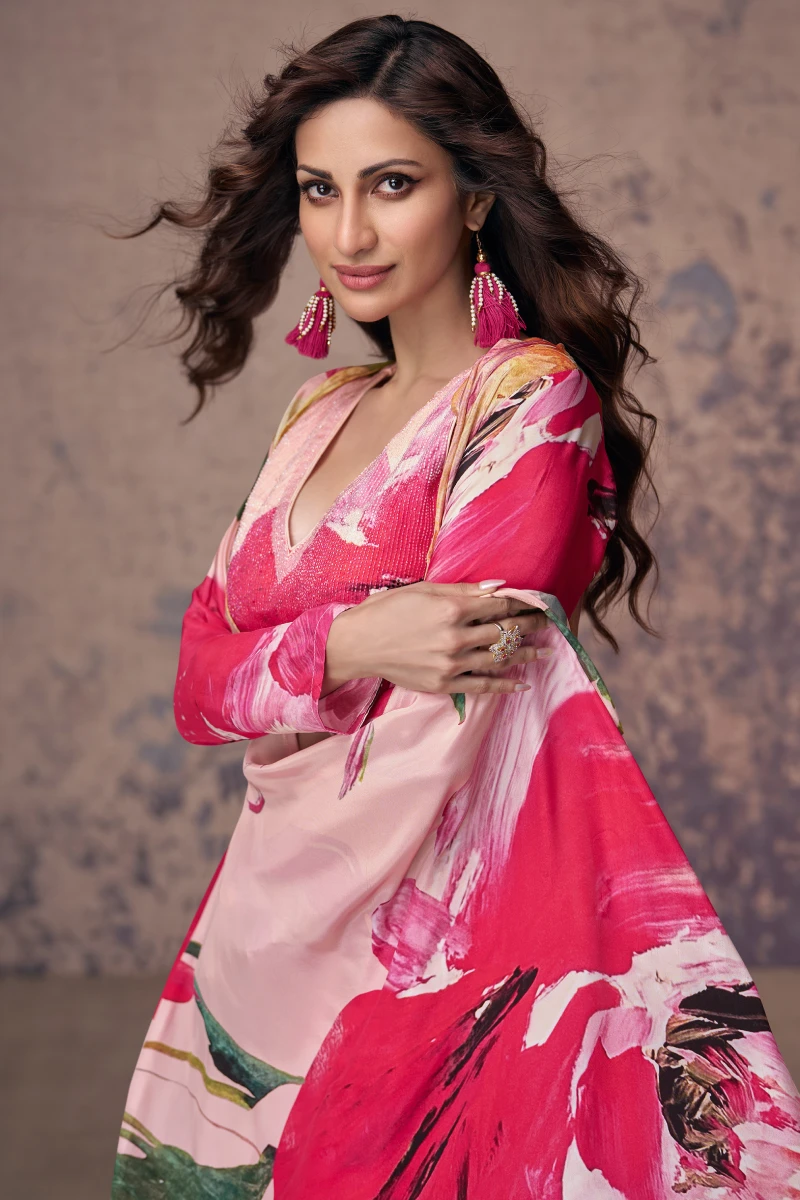 Pink Embroidered & Printed Crepe Silk Palazzo Set
