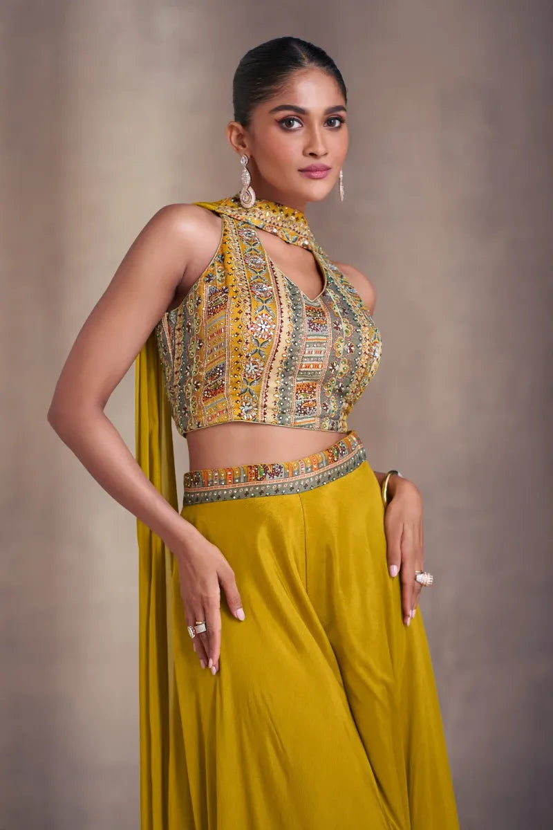 Mustard Embroidered Chinnon Silk Palazzo Set