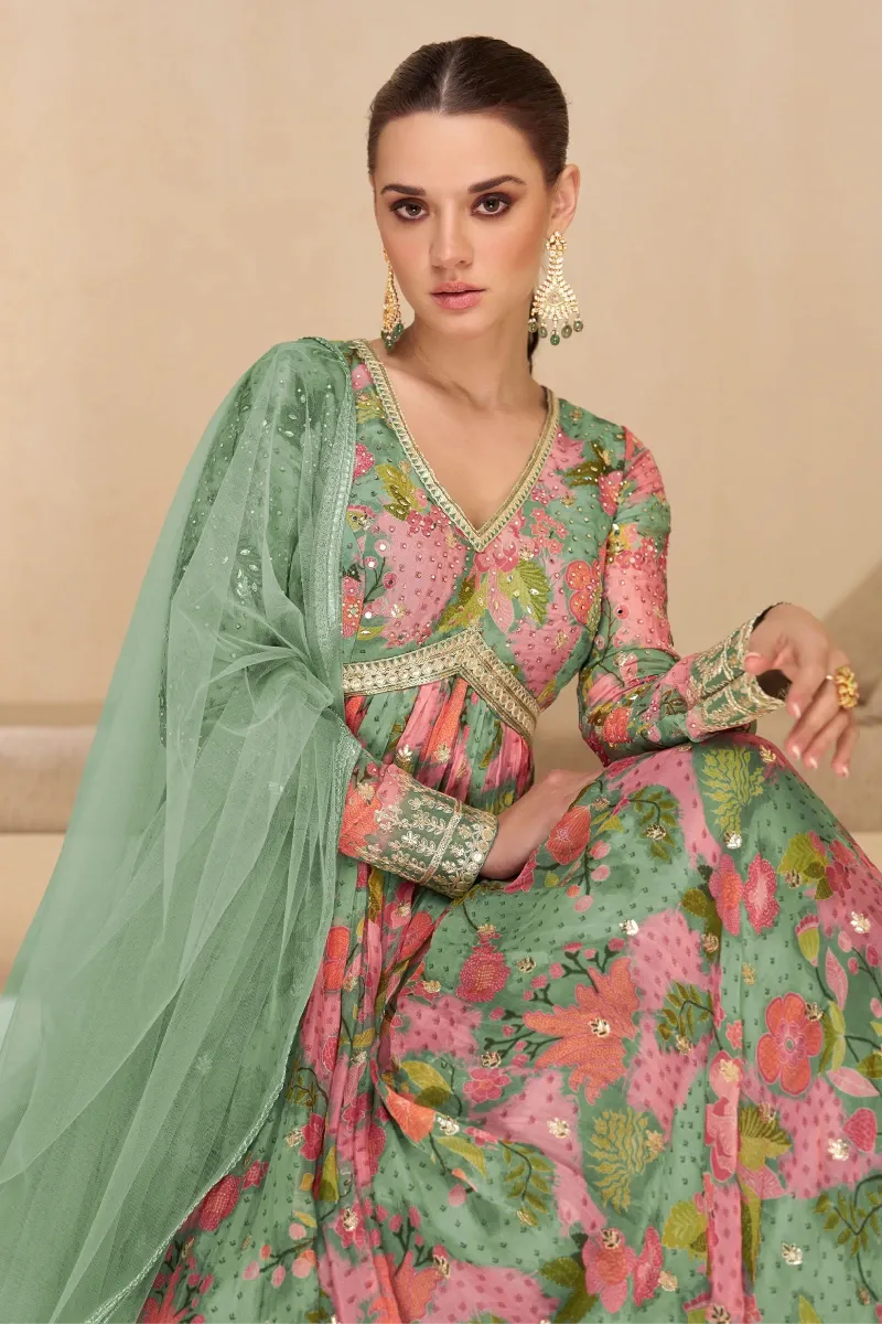 Dusty Green Embroidered & Sequins Gown in Georgette