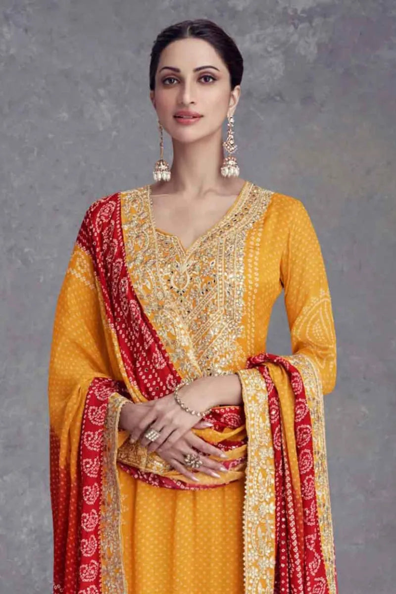 Mustard Embroidered, Mirror & Digital Print Chinnon Palazzo Suit