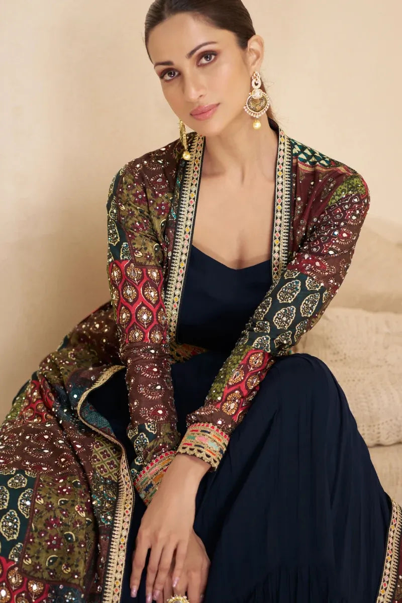 Blue Georgette Gown with Multi-Colored Dupatta