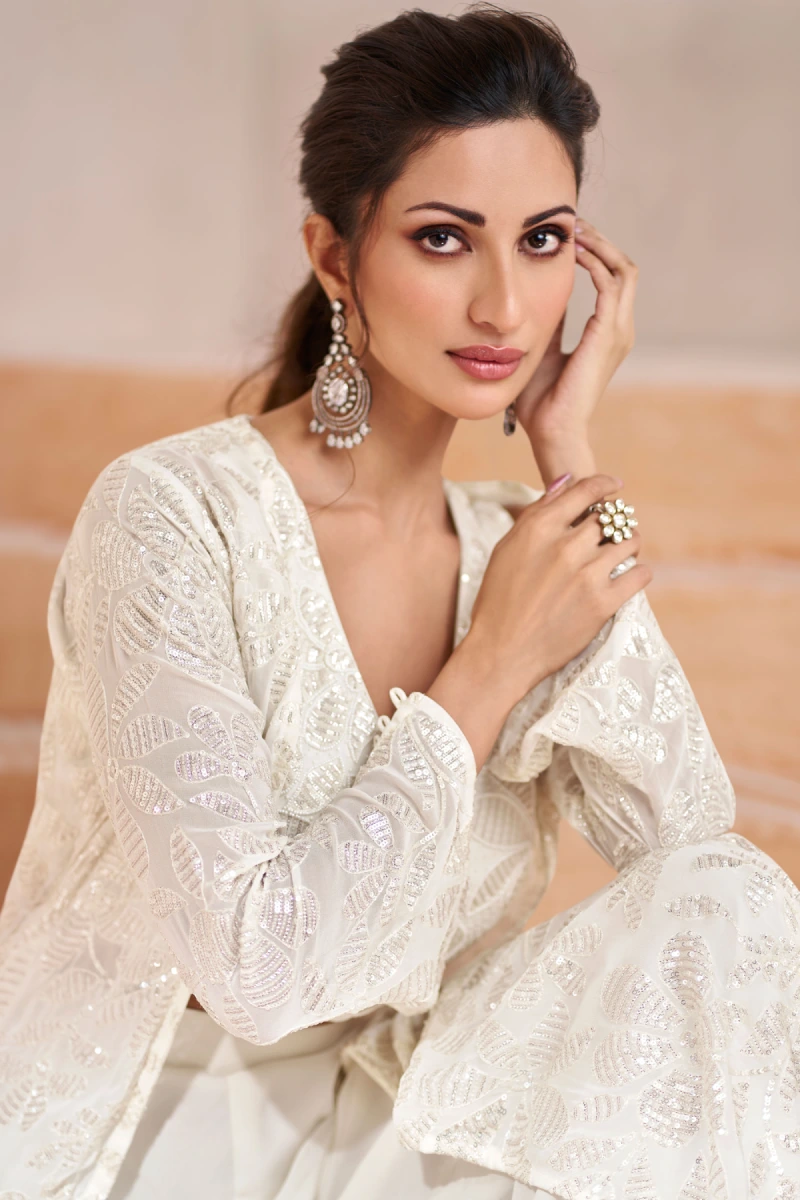 White Embroidered & Sequins Palazzo Suit in Georgette