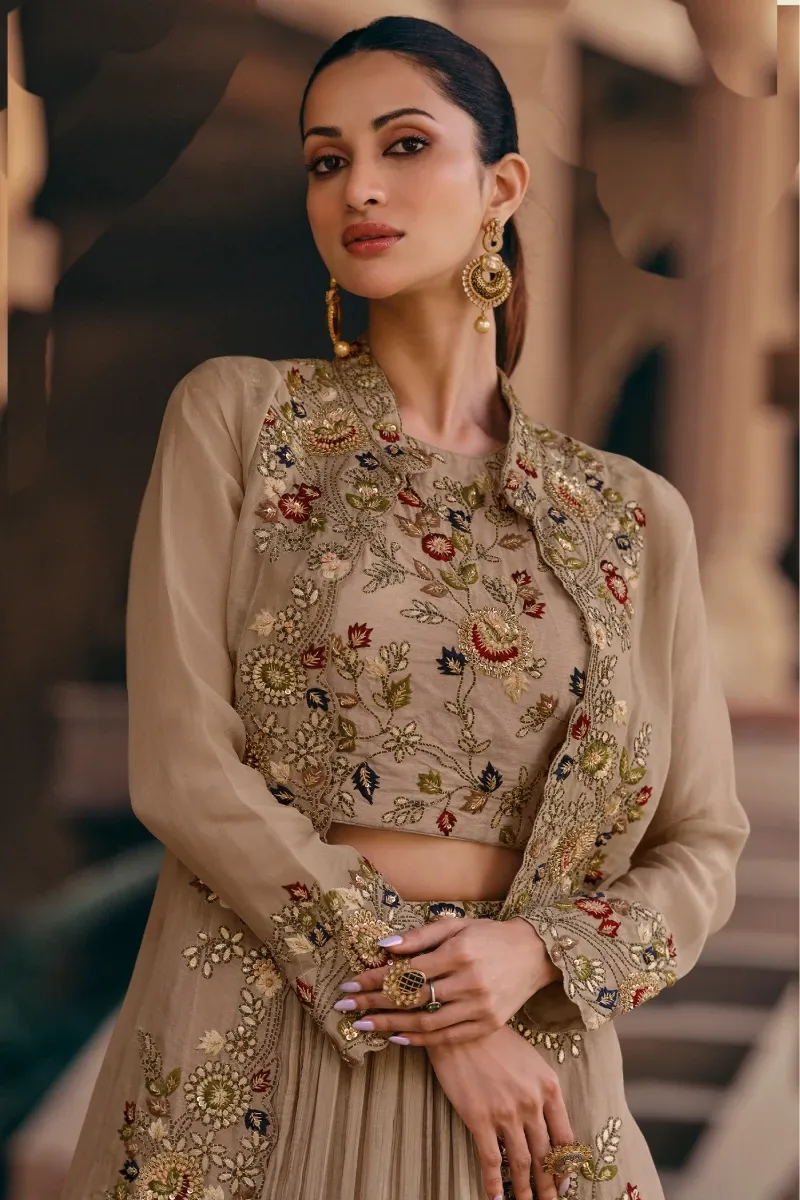 Fawn Chinnon Silk Lehenga Set with Embroidery & Sequins Work