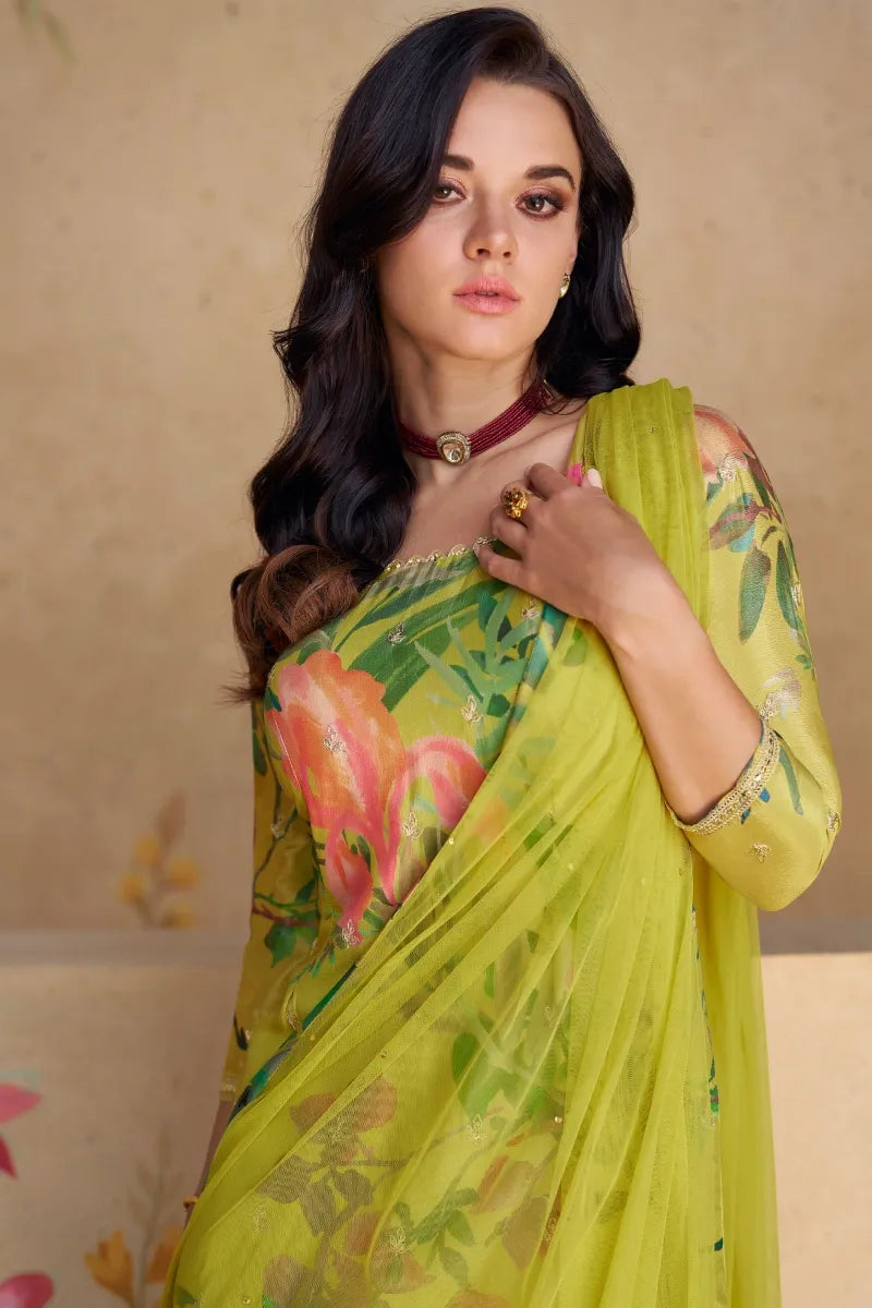 Olive Green Embroidered & Sequined Chinnon Silk Palazzo Suit