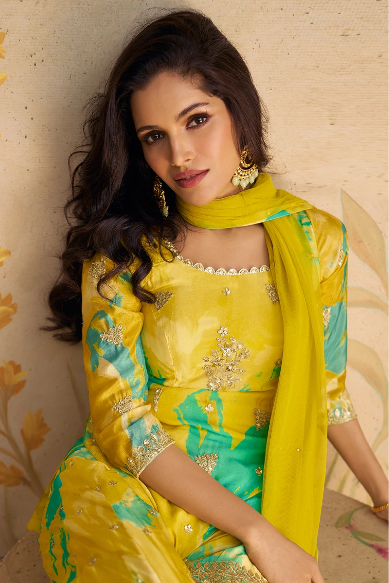 Yellow Embroidered, Print & Sequins Chinnon Silk Palazzo Suit