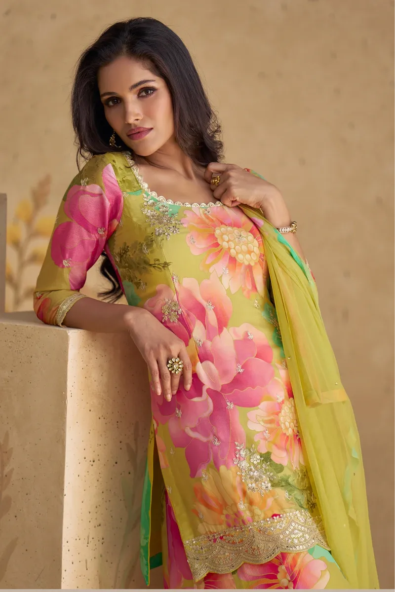 Multi-Colored Embroidered, Print & Sequins Chinnon Silk Palazzo Suit