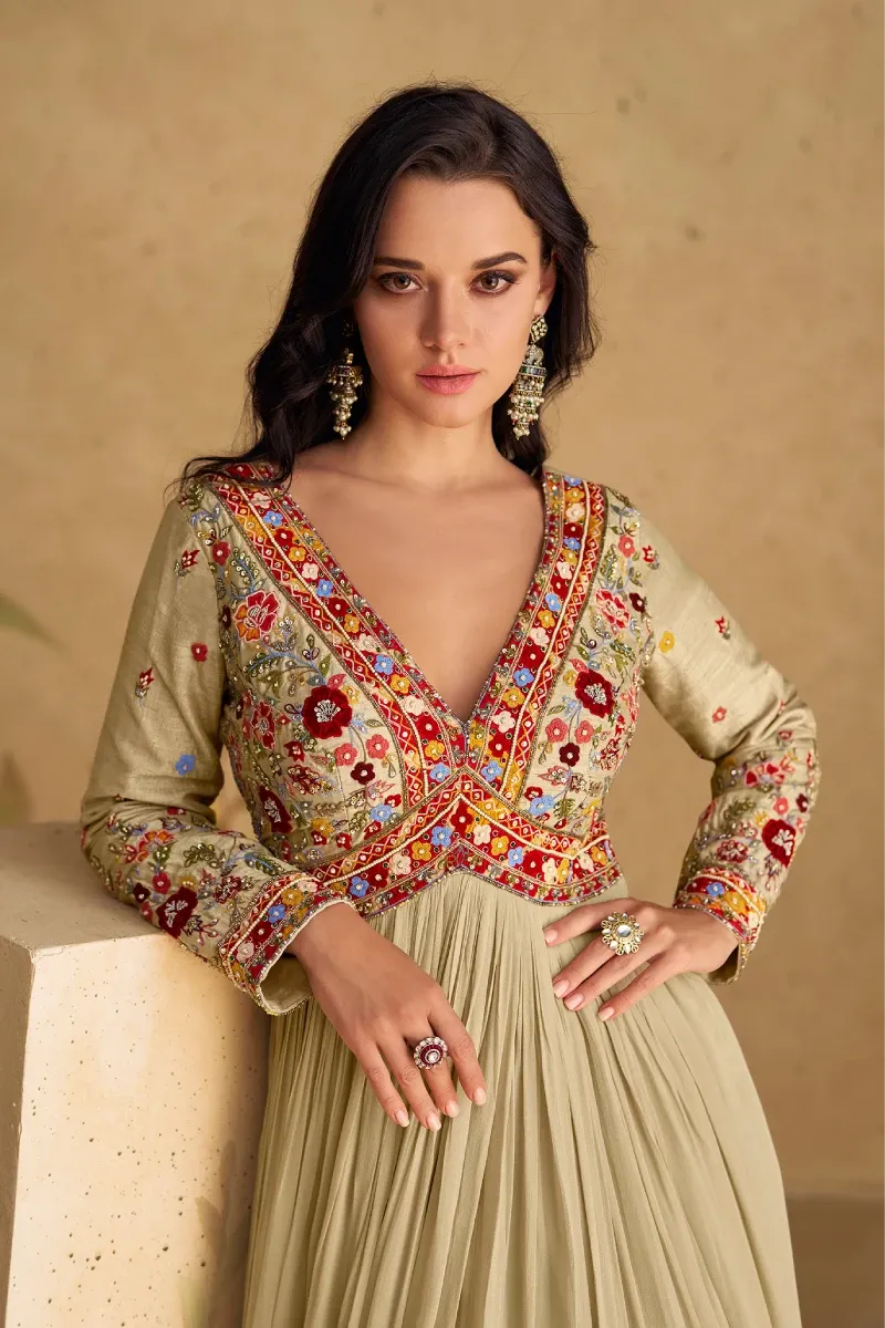 Fawn Georgette Gown with Embroidery & Sequins