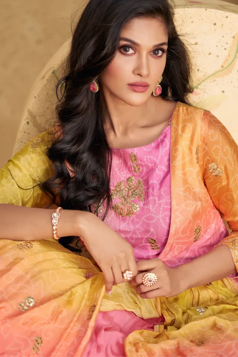 Multi Chinnon Silk Gown with Embroidery & Sequins