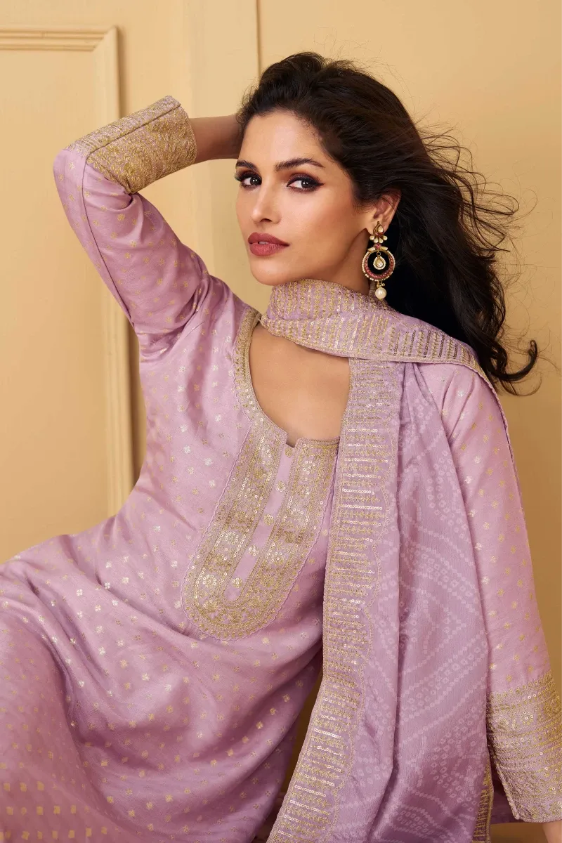 Lavender Embroidered Jacquard Silk Pant Set