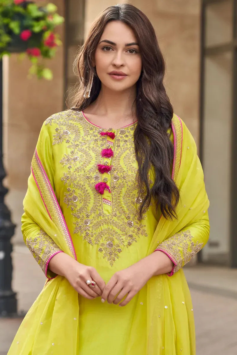 Olive Yellow Silk Sharara Suit with Embroidery & Sequins Work