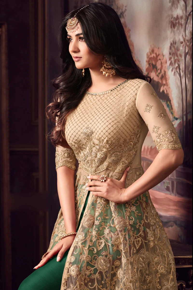 Beige & Green Net Anarkali Suit with Zari & Diamond Work