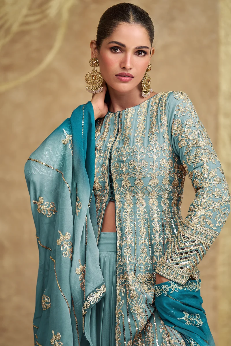 Sea Green Heavy Embroidered Georgette Anarkali Top & Skirt with Dupatta