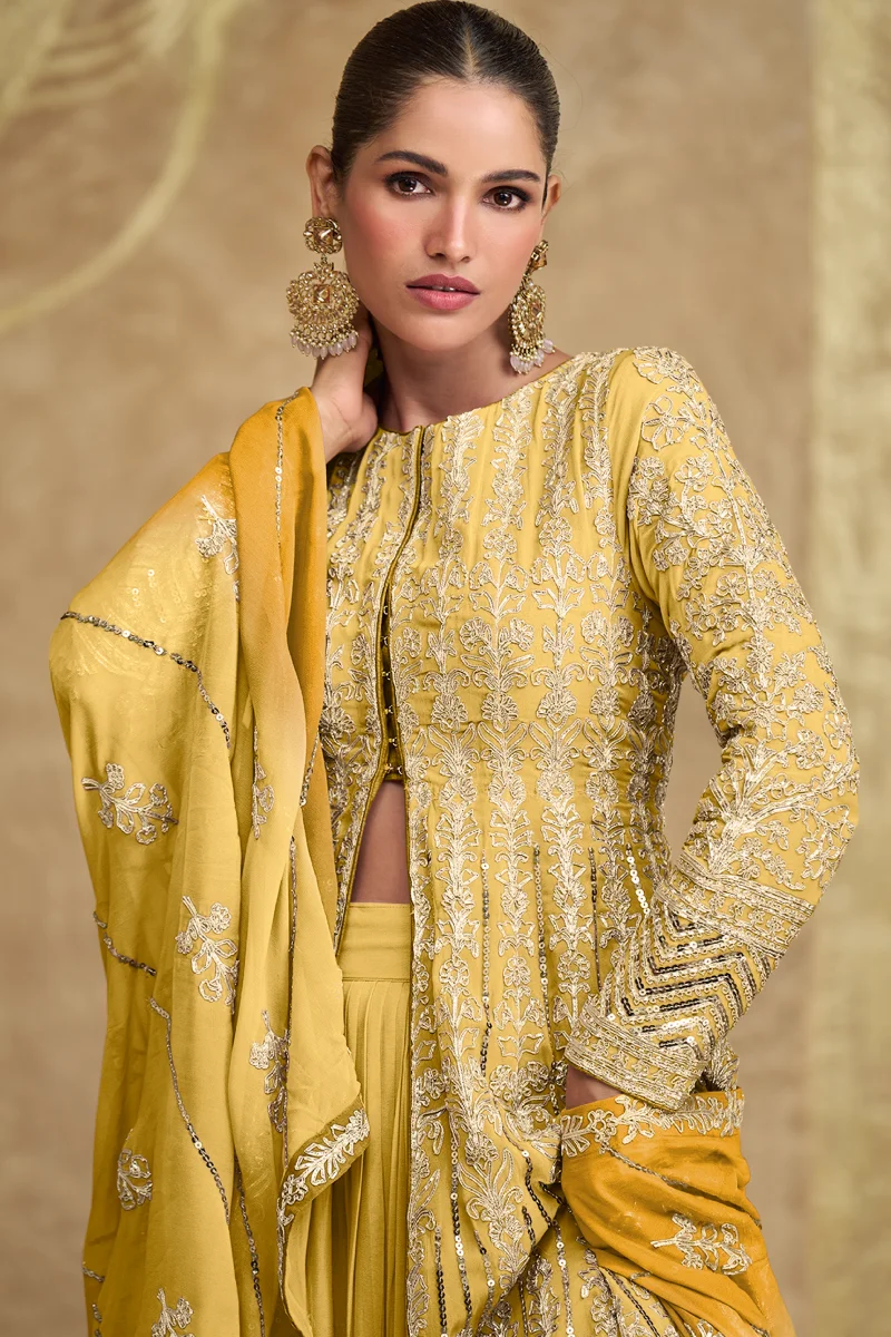Yellow Heavy Embroidered Georgette Anarkali Top & Skirt with Dupatta