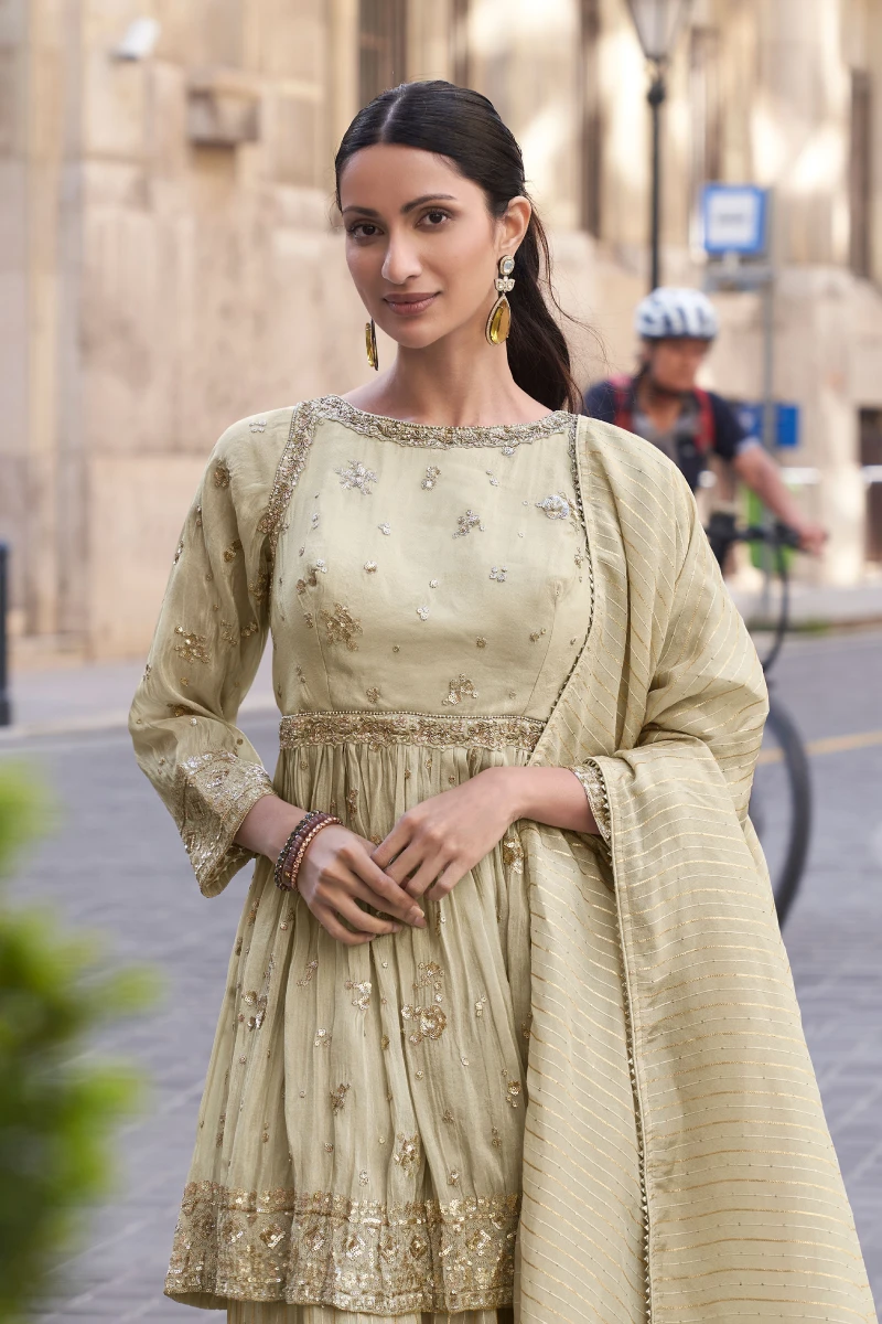 Beige Shimmer Embroidered Anarkali with Palazzo