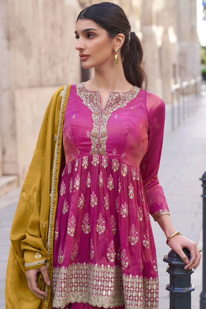 Pink Anarkali with Mustard Dupatta & Embroidered Shimmer Palazzo Suit